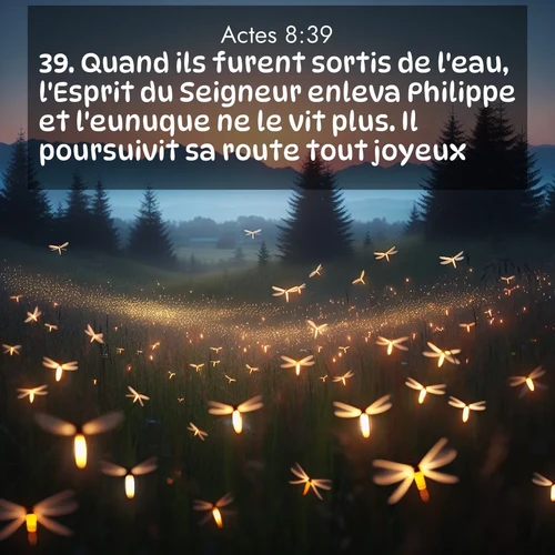 Segond21 Actes  ; image nature: image avec le verset biblique :Quand ils furent sortis de l&#039;eau, l&#039;Esprit du Seigneur enleva Philippe et l&#039;eunuque ne le vit plus. Il poursuivit sa route tout joyeux. ;  ; 8:39