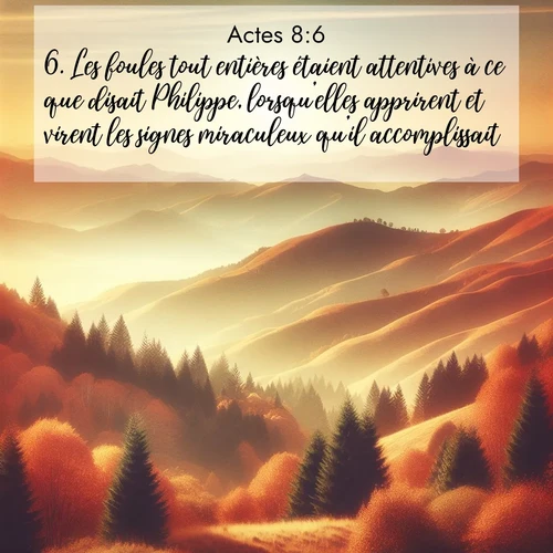 Segond21 Actes  ; image nature: image avec le verset biblique :Les foules tout entières étaient attentives à ce que disait Philippe, lorsqu&#039;elles apprirent et virent les signes miraculeux qu&#039;il accomplissait. ;  ; 8:6