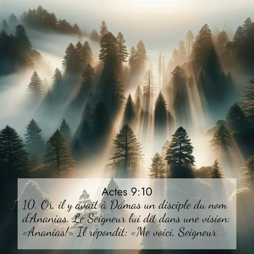 Segond21 Actes  ; image nature: image avec le verset biblique :Or, il y avait à Damas un disciple du nom d&#039;Ananias. Le Seigneur lui dit dans une vision: «Ananias!» Il répondit: «Me voici, Seigneur!» ;  ; 9:10