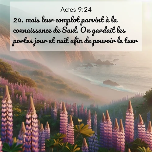 Segond21 Actes  ; image nature: image avec le verset biblique :mais leur complot parvint à la connaissance de Saul. On gardait les portes jour et nuit afin de pouvoir le tuer. ;  ; 9:24