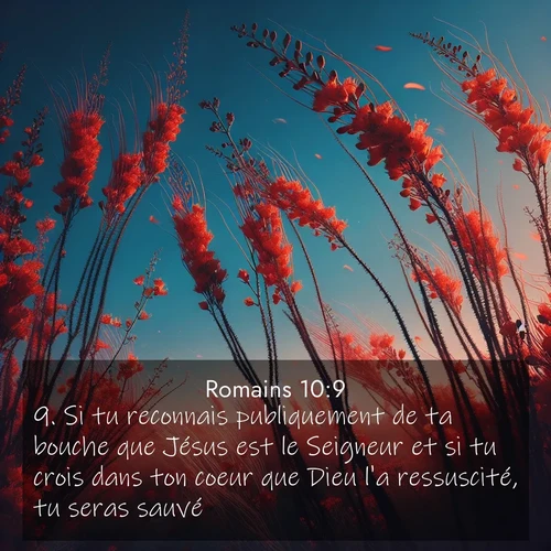 Segond21 Romains  ; image nature: image avec le verset biblique :Si tu reconnais publiquement de ta bouche que Jésus est le Seigneur et si tu crois dans ton coeur que Dieu l&#039;a ressuscité, tu seras sauvé. ;  ; 10:9