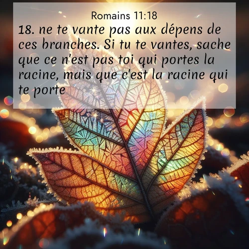 Segond21 Romains  ; image nature: image avec le verset biblique :ne te vante pas aux dépens de ces branches. Si tu te vantes, sache que ce n&#039;est pas toi qui portes la racine, mais que c&#039;est la racine qui te porte. ;  ; 11:18