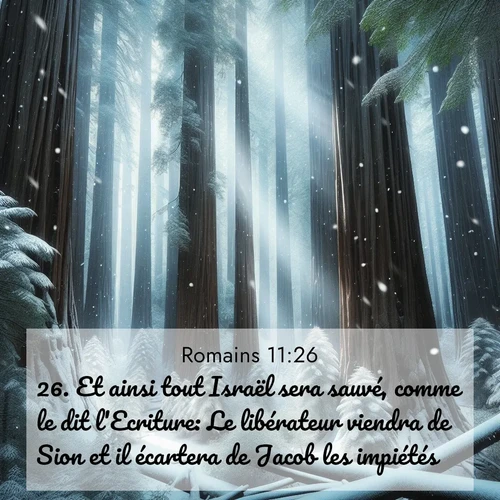 Segond21 Romains  ; image nature: image avec le verset biblique :Et ainsi tout Israël sera sauvé, comme le dit l&#039;Ecriture: Le libérateur viendra de Sion et il écartera de Jacob les impiétés. ;  ; 11:26