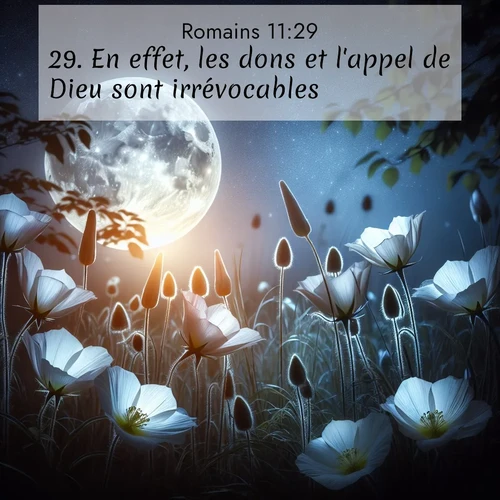Segond21 Romains  ; image nature: image avec le verset biblique :En effet, les dons et l&#039;appel de Dieu sont irrévocables. ;  ; 11:29