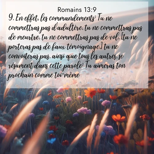Segond21 Romains  ; image nature: image avec le verset biblique :En effet, les commandements: Tu ne commettras pas d&#039;adultère, tu ne commettras pas de meurtre, tu ne commettras pas de vol, [tu ne porteras pas de faux témoignage,] tu ne convoiteras pas, ainsi que tous les autres, se résument dans cette parole: Tu aimeras ton prochain comme toi-même. ;  ; 13:9