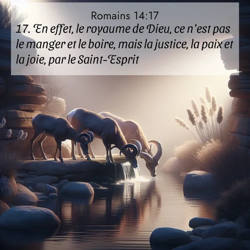 Segond21 Romains  ; image nature: image avec le verset biblique :En effet, le royaume de Dieu, ce n&#039;est pas le manger et le boire, mais la justice, la paix et la joie, par le Saint-Esprit. ;  ; 14:17