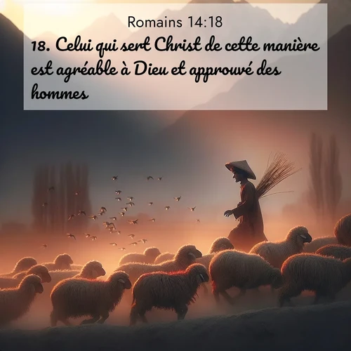 Segond21 Romains  ; image nature: image avec le verset biblique :Celui qui sert Christ de cette manière est agréable à Dieu et approuvé des hommes. ;  ; 14:18