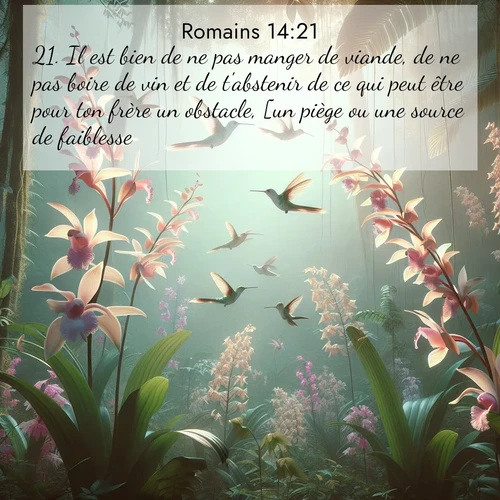 Segond21 Romains  ; image nature: image avec le verset biblique :Il est bien de ne pas manger de viande, de ne pas boire de vin et de t&#039;abstenir de ce qui peut être pour ton frère un obstacle, [un piège ou une source de faiblesse]. ;  ; 14:21
