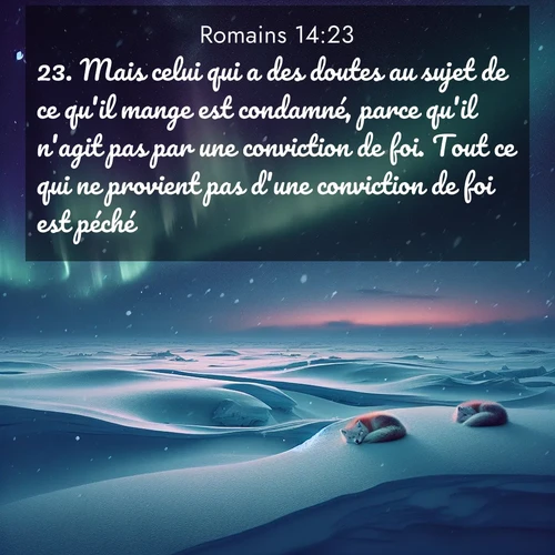 Segond21 Romains  ; image nature: image avec le verset biblique :Mais celui qui a des doutes au sujet de ce qu&#039;il mange est condamné, parce qu&#039;il n&#039;agit pas par une conviction de foi. Tout ce qui ne provient pas d&#039;une conviction de foi est péché. ;  ; 14:23
