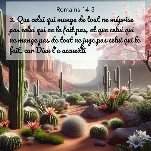 Segond21 Romains  ; image nature: image avec le verset biblique :Que celui qui mange de tout ne méprise pas celui qui ne le fait pas, et que celui qui ne mange pas de tout ne juge pas celui qui le fait, car Dieu l&#039;a accueilli. ;  ; 14:3
