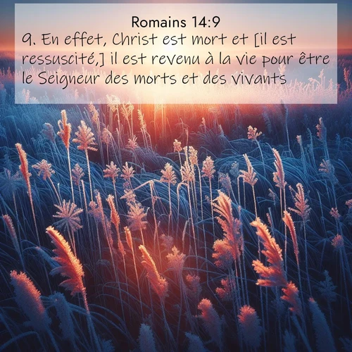 Segond21 Romains  ; image nature: image avec le verset biblique :En effet, Christ est mort et [il est ressuscité,] il est revenu à la vie pour être le Seigneur des morts et des vivants. ;  ; 14:9