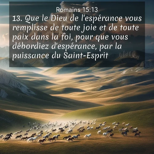 Segond21 Romains  ; image nature: image avec le verset biblique :Que le Dieu de l&#039;espérance vous remplisse de toute joie et de toute paix dans la foi, pour que vous débordiez d&#039;espérance, par la puissance du Saint-Esprit! ;  ; 15:13