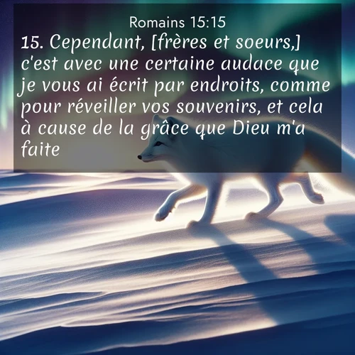 Segond21 Romains  ; image nature: image avec le verset biblique :Cependant, [frères et soeurs,] c&#039;est avec une certaine audace que je vous ai écrit par endroits, comme pour réveiller vos souvenirs, et cela à cause de la grâce que Dieu m&#039;a faite ;  ; 15:15