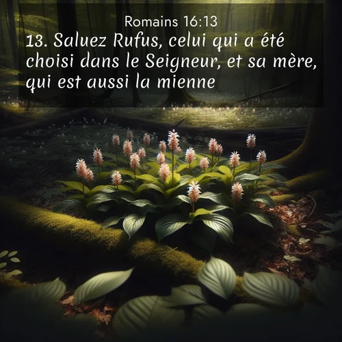 Segond21 Romains  ; image nature: image avec le verset biblique :Saluez Rufus, celui qui a été choisi dans le Seigneur, et sa mère, qui est aussi la mienne. ;  ; 16:13
