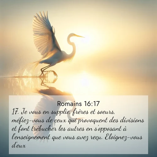 Segond21 Romains  ; image nature: image avec le verset biblique :Je vous en supplie, frères et soeurs, méfiez-vous de ceux qui provoquent des divisions et font trébucher les autres en s&#039;opposant à l&#039;enseignement que vous avez reçu. Eloignez-vous d&#039;eux, ;  ; 16:17