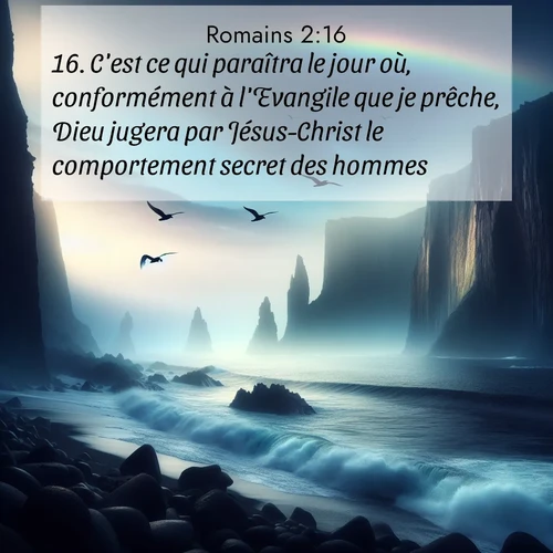 Segond21 Romains  ; image nature: image avec le verset biblique :C&#039;est ce qui paraîtra le jour où, conformément à l&#039;Evangile que je prêche, Dieu jugera par Jésus-Christ le comportement secret des hommes. ;  ; 2:16