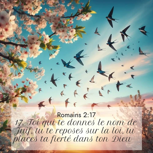 Segond21 Romains  ; image nature: image avec le verset biblique :Toi qui te donnes le nom de Juif, tu te reposes sur la loi, tu places ta fierté dans ton Dieu, ;  ; 2:17