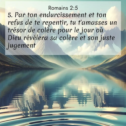Segond21 Romains  ; image nature: image avec le verset biblique :Par ton endurcissement et ton refus de te repentir, tu t&#039;amasses un trésor de colère pour le jour où Dieu révélera sa colère et son juste jugement. ;  ; 2:5