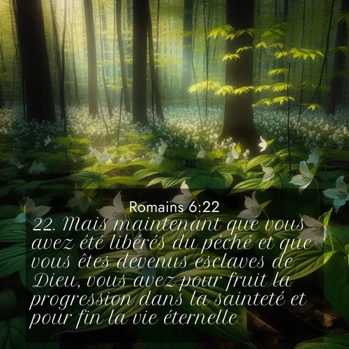 Segond21 Romains  ; image nature: image avec le verset biblique :Mais maintenant que vous avez été libérés du péché et que vous êtes devenus esclaves de Dieu, vous avez pour fruit la progression dans la sainteté et pour fin la vie éternelle. ;  ; 6:22