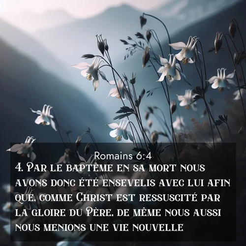 Segond21 Romains  ; image nature: image avec le verset biblique :Par le baptême en sa mort nous avons donc été ensevelis avec lui afin que, comme Christ est ressuscité par la gloire du Père, de même nous aussi nous menions une vie nouvelle. ;  ; 6:4
