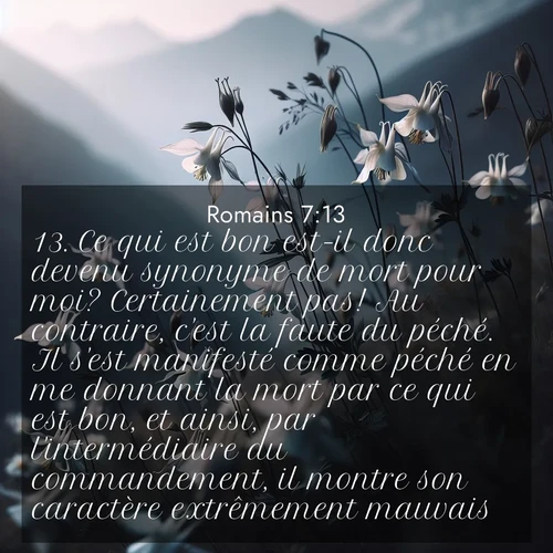 Segond21 Romains  ; image nature: image avec le verset biblique :Ce qui est bon est-il donc devenu synonyme de mort pour moi? Certainement pas! Au contraire, c&#039;est la faute du péché. Il s&#039;est manifesté comme péché en me donnant la mort par ce qui est bon, et ainsi, par l&#039;intermédiaire du commandement, il montre son caractère extrêmement mauvais. ;  ; 7:13