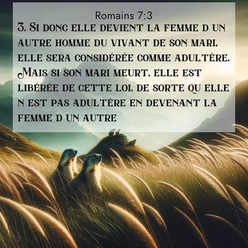 Segond21 Romains  ; image nature: image avec le verset biblique :Si donc elle devient la femme d&#039;un autre homme du vivant de son mari, elle sera considérée comme adultère. Mais si son mari meurt, elle est libérée de cette loi, de sorte qu&#039;elle n&#039;est pas adultère en devenant la femme d&#039;un autre. ;  ; 7:3