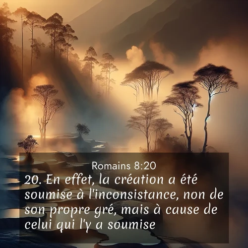 Segond21 Romains  ; image nature: image avec le verset biblique :En effet, la création a été soumise à l&#039;inconsistance, non de son propre gré, mais à cause de celui qui l&#039;y a soumise. ;  ; 8:20