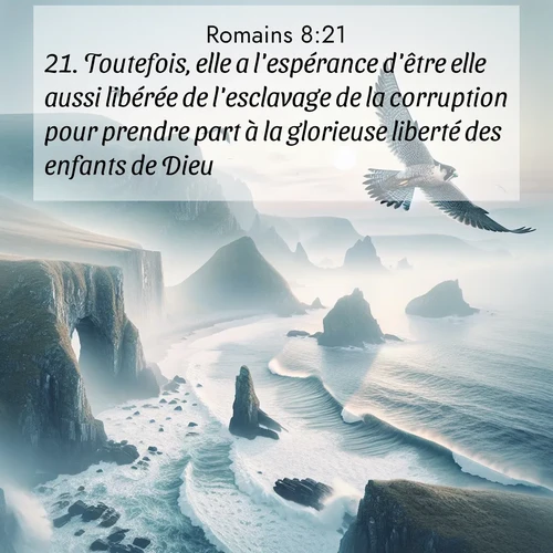 Segond21 Romains  ; image nature: image avec le verset biblique :Toutefois, elle a l&#039;espérance d&#039;être elle aussi libérée de l&#039;esclavage de la corruption pour prendre part à la glorieuse liberté des enfants de Dieu. ;  ; 8:21