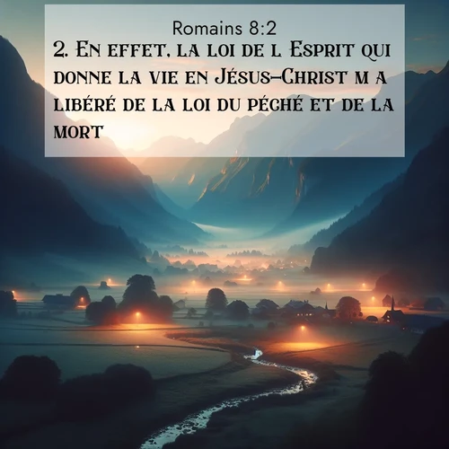 Segond21 Romains  ; image nature: image avec le verset biblique :En effet, la loi de l&#039;Esprit qui donne la vie en Jésus-Christ m&#039;a libéré de la loi du péché et de la mort, ;  ; 8:2