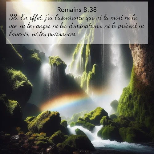 Segond21 Romains  ; image nature: image avec le verset biblique :En effet, j&#039;ai l&#039;assurance que ni la mort ni la vie, ni les anges ni les dominations, ni le présent ni l&#039;avenir, ni les puissances, ;  ; 8:38