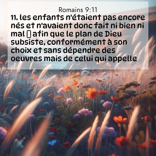 Segond21 Romains  ; image nature: image avec le verset biblique :les enfants n&#039;étaient pas encore nés et n&#039;avaient donc fait ni bien ni mal  afin que le plan de Dieu subsiste, conformément à son choix et sans dépendre des oeuvres mais de celui qui appelle  ;  ; 9:11