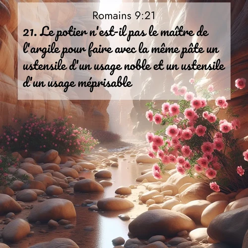 Segond21 Romains  ; image nature: image avec le verset biblique :Le potier n&#039;est-il pas le maître de l&#039;argile pour faire avec la même pâte un ustensile d&#039;un usage noble et un ustensile d&#039;un usage méprisable? ;  ; 9:21