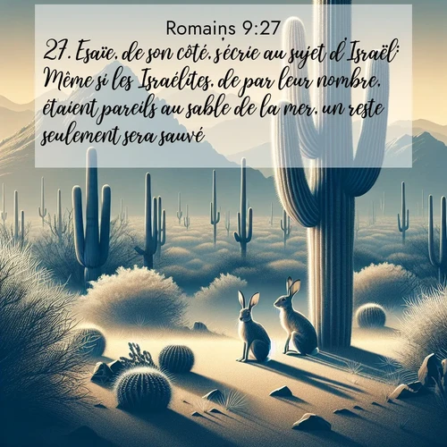 Segond21 Romains  ; image nature: image avec le verset biblique :Esaïe, de son côté, s&#039;écrie au sujet d&#039;Israël: Même si les Israélites, de par leur nombre, étaient pareils au sable de la mer, un reste seulement sera sauvé. ;  ; 9:27