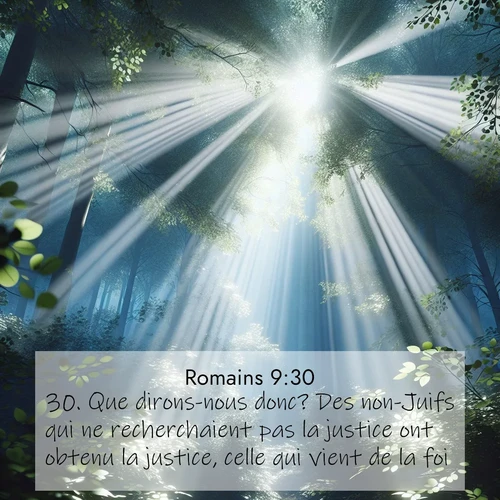 Segond21 Romains  ; image nature: image avec le verset biblique :Que dirons-nous donc? Des non-Juifs qui ne recherchaient pas la justice ont obtenu la justice, celle qui vient de la foi, ;  ; 9:30