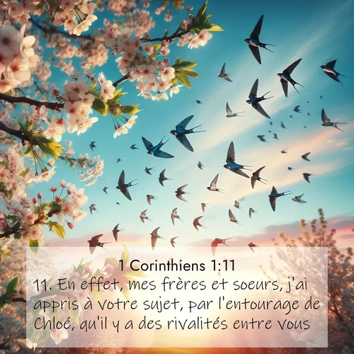 Segond21 1 Corinthiens  ; image nature: image avec le verset biblique :En effet, mes frères et soeurs, j&#039;ai appris à votre sujet, par l&#039;entourage de Chloé, qu&#039;il y a des rivalités entre vous. ;  ; 1:11