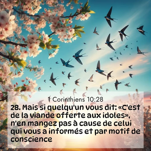 Segond21 1 Corinthiens  ; image nature: image avec le verset biblique :Mais si quelqu&#039;un vous dit: «C&#039;est de la viande offerte aux idoles», n&#039;en mangez pas à cause de celui qui vous a informés et par motif de conscience. ;  ; 10:28