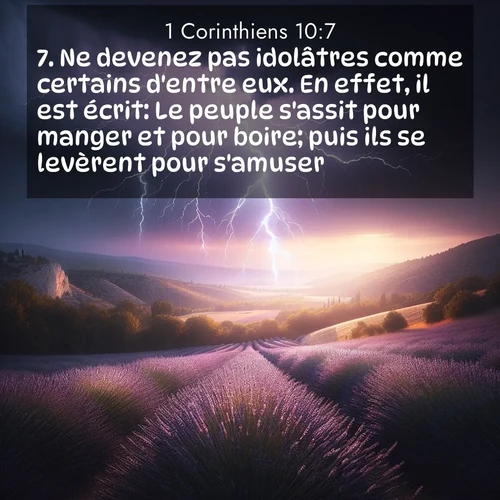 Segond21 1 Corinthiens  ; image nature: image avec le verset biblique :Ne devenez pas idolâtres comme certains d&#039;entre eux. En effet, il est écrit: Le peuple s&#039;assit pour manger et pour boire; puis ils se levèrent pour s&#039;amuser. ;  ; 10:7