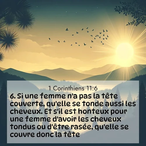 Segond21 1 Corinthiens  ; image nature: image avec le verset biblique :Si une femme n&#039;a pas la tête couverte, qu&#039;elle se tonde aussi les cheveux. Et s&#039;il est honteux pour une femme d&#039;avoir les cheveux tondus ou d&#039;être rasée, qu&#039;elle se couvre donc la tête. ;  ; 11:6