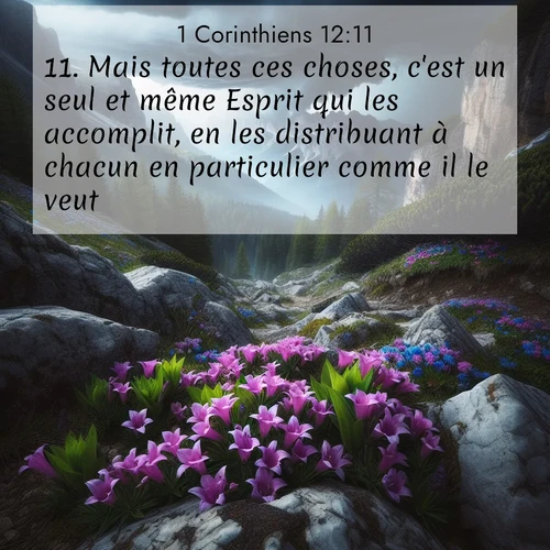 Segond21 1 Corinthiens  ; image nature: image avec le verset biblique :Mais toutes ces choses, c&#039;est un seul et même Esprit qui les accomplit, en les distribuant à chacun en particulier comme il le veut. ;  ; 12:11
