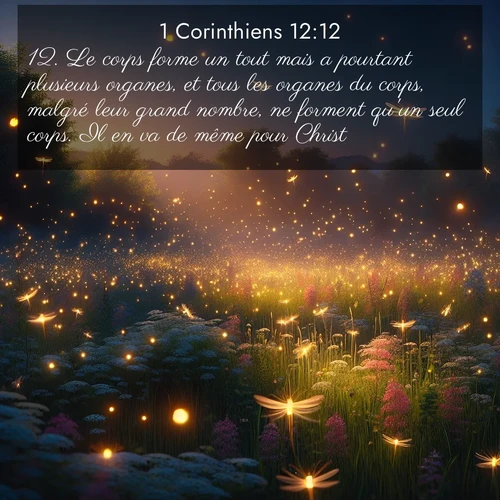 Segond21 1 Corinthiens  ; image nature: image avec le verset biblique :Le corps forme un tout mais a pourtant plusieurs organes, et tous les organes du corps, malgré leur grand nombre, ne forment qu&#039;un seul corps. Il en va de même pour Christ. ;  ; 12:12