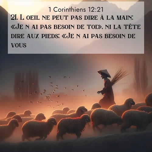 Segond21 1 Corinthiens  ; image nature: image avec le verset biblique :L&#039;oeil ne peut pas dire à la main: «Je n&#039;ai pas besoin de toi», ni la tête dire aux pieds: «Je n&#039;ai pas besoin de vous.» ;  ; 12:21