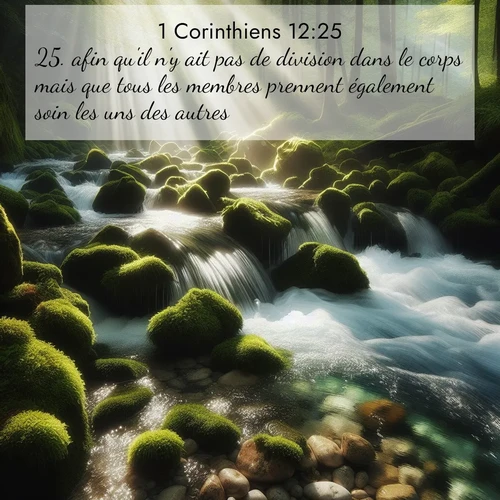 Segond21 1 Corinthiens  ; image nature: image avec le verset biblique :afin qu&#039;il n&#039;y ait pas de division dans le corps mais que tous les membres prennent également soin les uns des autres. ;  ; 12:25