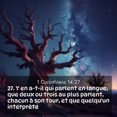 Segond21 1 Corinthiens  ; image nature: image avec le verset biblique :Y en a-t-il qui parlent en langue, que deux ou trois au plus parlent, chacun à son tour, et que quelqu&#039;un interprète. ;  ; 14:27