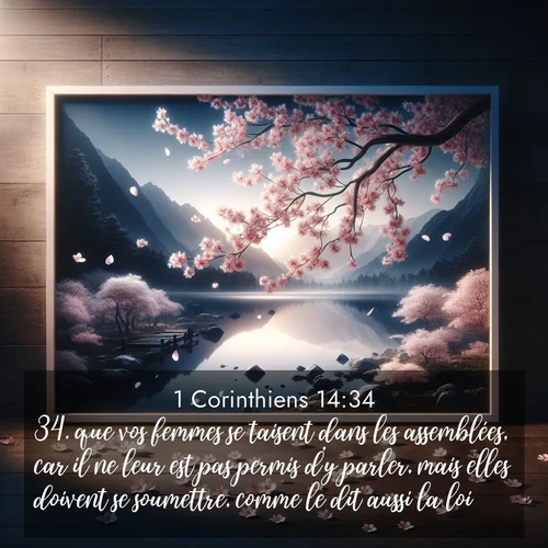 Segond21 1 Corinthiens  ; image nature: image avec le verset biblique :que vos femmes se taisent dans les assemblées, car il ne leur est pas permis d&#039;y parler, mais elles doivent se soumettre, comme le dit aussi la loi. ;  ; 14:34