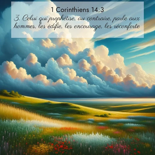Segond21 1 Corinthiens  ; image nature: image avec le verset biblique :Celui qui prophétise, au contraire, parle aux hommes, les édifie, les encourage, les réconforte. ;  ; 14:3
