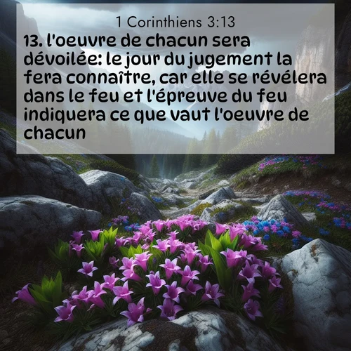 Segond21 1 Corinthiens  ; image nature: image avec le verset biblique :l&#039;oeuvre de chacun sera dévoilée: le jour du jugement la fera connaître, car elle se révélera dans le feu et l&#039;épreuve du feu indiquera ce que vaut l&#039;oeuvre de chacun. ;  ; 3:13