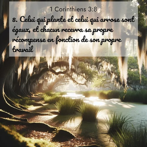 Segond21 1 Corinthiens  ; image nature: image avec le verset biblique :Celui qui plante et celui qui arrose sont égaux, et chacun recevra sa propre récompense en fonction de son propre travail. ;  ; 3:8