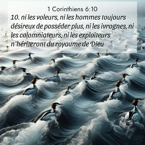 Segond21 1 Corinthiens  ; image nature: image avec le verset biblique :ni les voleurs, ni les hommes toujours désireux de posséder plus, ni les ivrognes, ni les calomniateurs, ni les exploiteurs n&#039;hériteront du royaume de Dieu. ;  ; 6:10