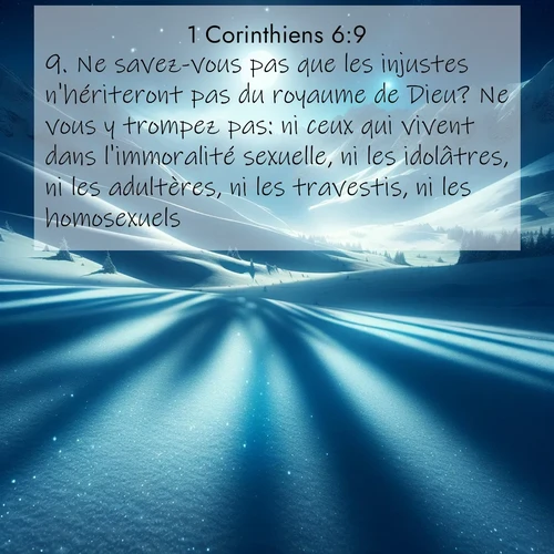 Segond21 1 Corinthiens  ; image nature: image avec le verset biblique :Ne savez-vous pas que les injustes n&#039;hériteront pas du royaume de Dieu? Ne vous y trompez pas: ni ceux qui vivent dans l&#039;immoralité sexuelle, ni les idolâtres, ni les adultères, ni les travestis, ni les homosexuels, ;  ; 6:9
