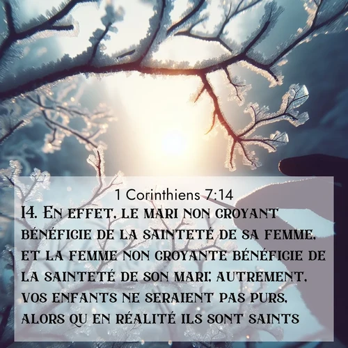 Segond21 1 Corinthiens  ; image nature: image avec le verset biblique :En effet, le mari non croyant bénéficie de la sainteté de sa femme, et la femme non croyante bénéficie de la sainteté de son mari; autrement, vos enfants ne seraient pas purs, alors qu&#039;en réalité ils sont saints. ;  ; 7:14